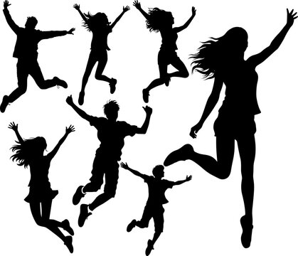 Silhouettes of Group children jumping, Group of black children silhouette jumping, vector art of children dancing and jumping. AI generated illustration.