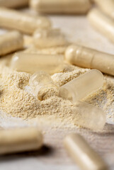 Heap of capsules, collagen, vitamins, pain killers, food supplements pills.