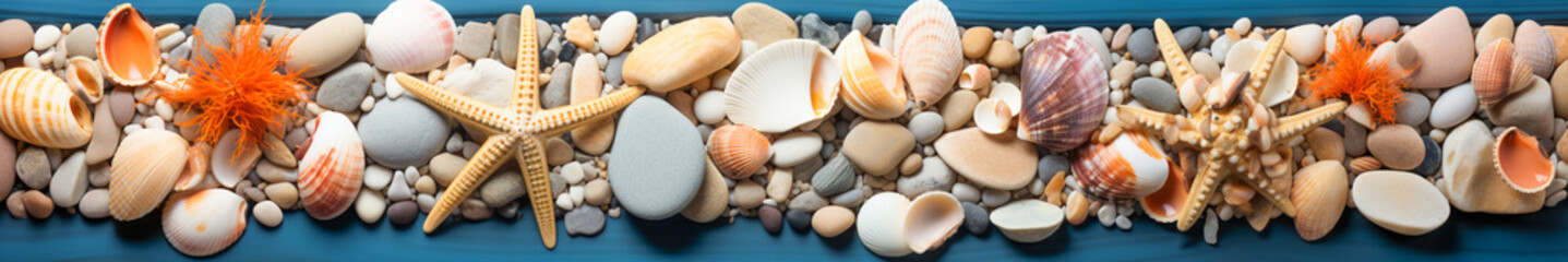 Obraz premium Top-Down Shot of Beach Sand, Sea Stones, and Shells