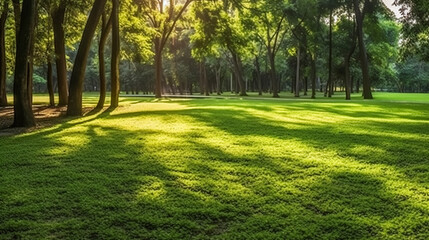 Fototapeta na wymiar A Green Park Bathed in Morning Sunshine. Summer Splendor in the Heart of the Forest