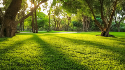 A Green Park Bathed in Morning Sunshine. Summer Splendor in the Heart of the Forest