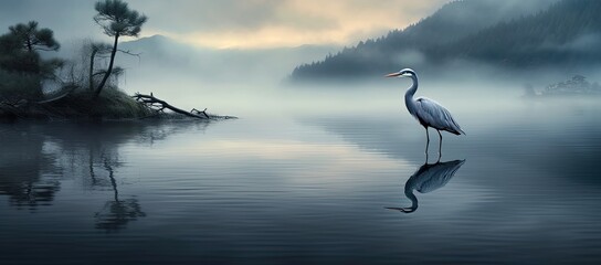 Obraz premium A heron gracefully adorning the lakeside.