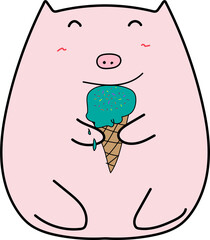 Cute cartoon pig illustration on transparent background.
