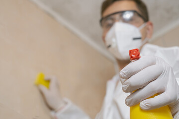 A cleaning service worker removes mold from a wall using a sprayer with mold remediation chemicals,...