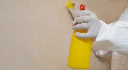 A cleaning service worker removes mold from a wall using a sprayer with mold remediation chemicals,...
