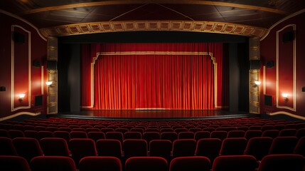 Modern cinema screen hall, stage and empty projection screen, with rows of red chairs. blank screen a place to write, to add images. - Powered by Adobe