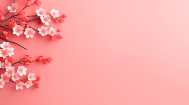 a paper sakura tree with blossoms isolated on red background. chinese new year decoration, happy new year 2024 , year of dragon, horizontal background banner with copy space Lunar new year concept.