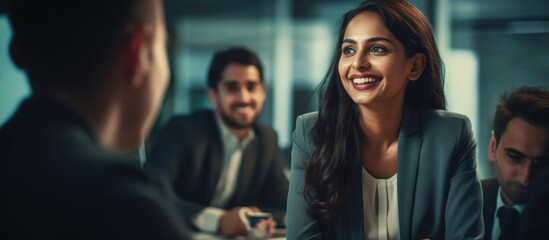 Happy young Indian businesswoman discussing finance project. Diverse female leader discussing sales presentation with workers in boardroom. - obrazy, fototapety, plakaty