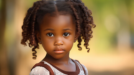 Portrait of Afro American child. Portrait of a cute African American baby girl. Adorable girl looking at camera. Outdoor portrait of a cute afro american happiness little girl with curly hair