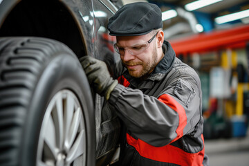 Fototapeta na wymiar Car mechanic changes the tires of the vehicle in the workshop