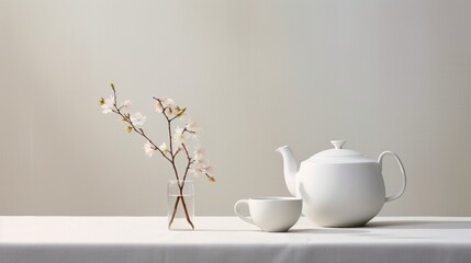 the interplay of a teapot and cup against a pristine white canvas creates a scene that radiates tranquility and sophistication. - obrazy, fototapety, plakaty