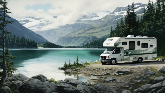 recreational vehicle, located on the lakeshore.
