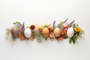Easter eggs on a white background with flowers 