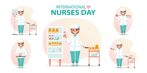 International nurses day. Illustration of nurses characters. Character is nurse with various medical equipment pills, tests, and stethoscope