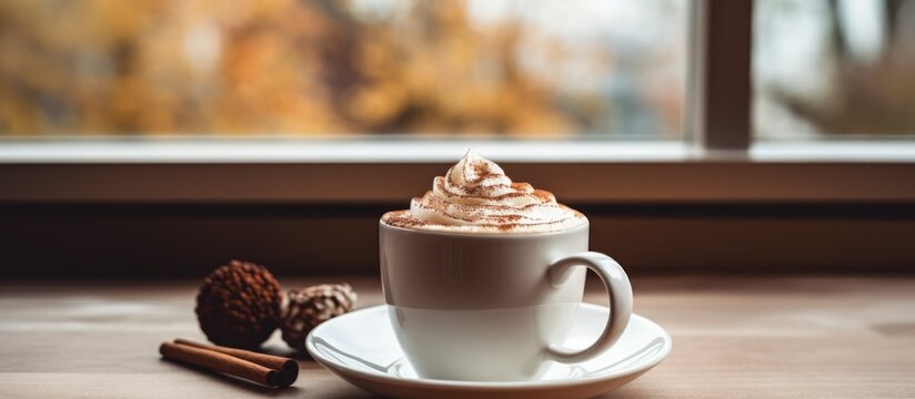 Selective focus image of hot chocolate with whipped cream and cinnamon cap.