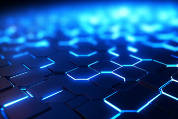 Blue polygonal space low poly dark background. Network blue shape with connected lines and glow spheres. Modern technology background.