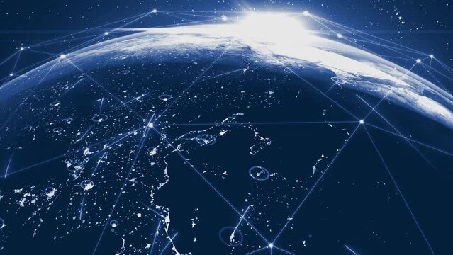 Global digital connection lines, worldwide communication, global business, data exchange. Planet in space with network connection lines and blue glow. Impulses and signals between cities. 4k footage