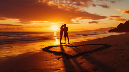 "Embraced by the Horizon: Valentine's Unity on the Sands of Twilight" Silhouette of a couple embracing at sunset on a quiet beach, a heart drawn in the sand around their feet,