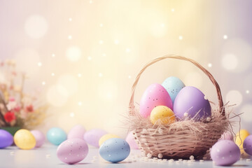 Fototapeta na wymiar easter eggs in basket with copy space, Easter colourful banner 