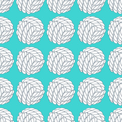 Seamless pattern of knotted ropes cords monkey fist knot ball. Nautical thread whipcord with loops and noose, braided, folded, spiral fiber. Illustration hand drawn graphic on blue green background. 