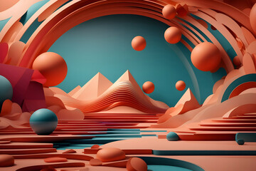 Abstract volumetric background with dynamic geometric and wave-like shapes, a kaleidoscope of abstract patterns. Colorful texture concept. Generative AI.
