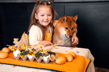 Cute and funny puppy and kid friends hugging. Girl sitting at kitchen table, coffee table. Red dog shiba inu with little lady. Easter eggs, Easter hare, wooden chicken, preparation for Easter, flowers