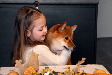 Cute and funny puppy and kid friends hugging. Girl sitting at kitchen table, coffee table. Red dog shiba inu with little lady. Easter eggs, Easter hare, wooden chicken, preparation for Easter, flowers