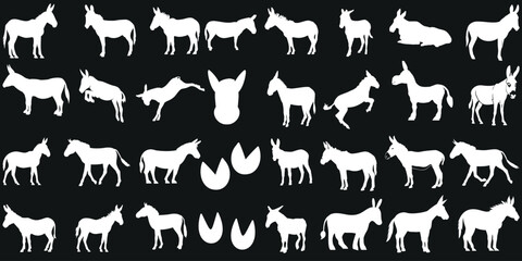 Donkey silhouettes in various poses, isolated on black background. Perfect for logos, icons, branding. Showcasing versatility in behavior and movement of these farm animals