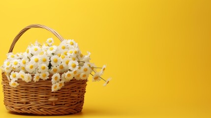 Fototapeta na wymiar Bouquet of daisies in wicker basket on yellow background . Springtime Concept. Mothers Day Concept with a Copy Space. Valentine's Day with a Copy Space. 