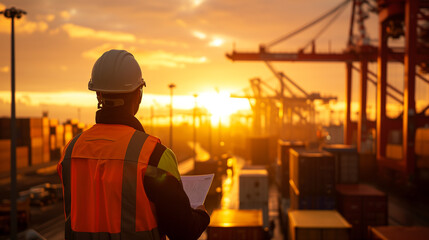 Harbor at Golden Hour: Logistics Expert Assessing Operations Amidst the Sunrise Over the Shipping Yard
