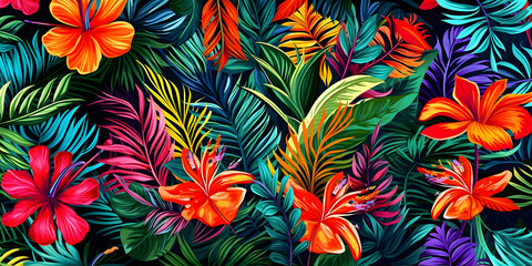 Colorful tropical leaves and flowers. unusual design of colorful vegetation