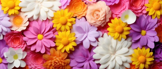 Colorful artificial flowers as background, top view. Floral pattern . Springtime Concept. Mothers Day Concept with a Copy Space. Valentine's Day with a Copy Space.	