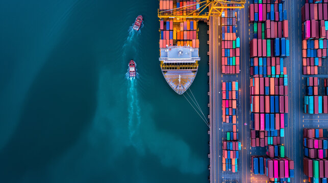 Aerial Dance of Commerce: Tugboats Guiding a Container Ship at a Bustling Cargo Port