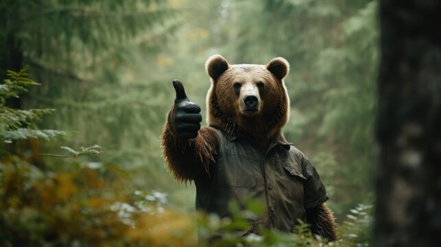 Portrait of friendly bear making thumbs up.