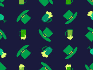 Seamless pattern with glasses of beer and leprechaun hat for St. Patrick's Day. Green mugs of beer with foam. Irish holiday. Festive design for wallpaper, banner and cover. Vector illustration