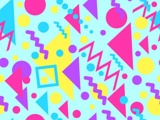 Memphis seamless pattern with geometric shapes in 80s and 90s style. Geometric shapes of different shapes and colors. Design of promotional products, wrapping paper and printing. Vector illustration