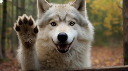 Obraz premium Happy wolf pleased to welcome you.