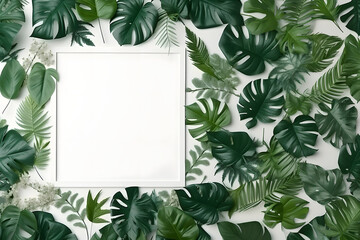 white frame in tropical leaves, empty frame surrounded by vegetation