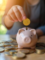 Investing in Cryptocurrency: Hand Placing Bitcoin into Piggy Bank