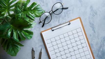 Modern Home Office Setup with Blank Calendar, Eyeglasses, and Green Plant