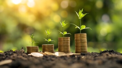 Investment Growth and Financial Stability Concept with Plants Growing from Coins