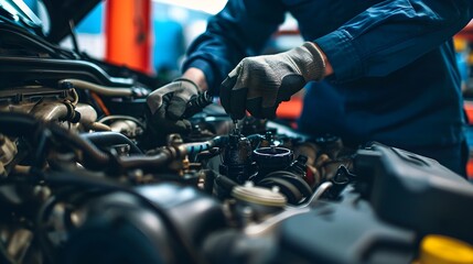 Auto Mechanic Performing Precision Engine Maintenance in Car Workshop