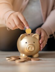 Saving in Style: Hand Depositing Bitcoin Coin into a Golden Piggy Bank