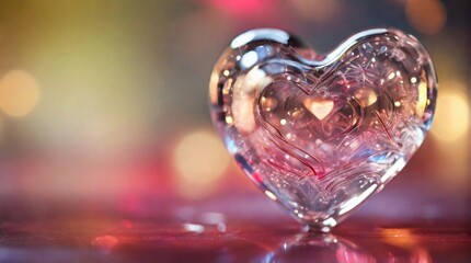 Heart made from glass on bokeh background.
