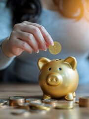 Modern Savings: Person Depositing a Bitcoin Coin into a Gold Piggy Bank
