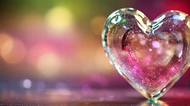 Heart made from glass on bokeh background.