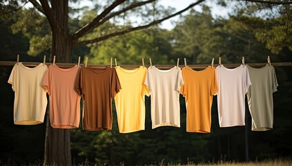 Colorful children's clothes are dried on a clothesline in the outdoor yard in the sun after washing