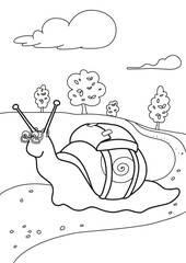 The coloring page with the happy snail with the glasses and the backpack on the road with a few trees and clouds in the background.
