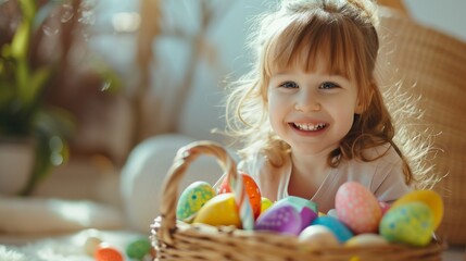 Fototapeta na wymiar A child wearing bunny ears and holding a basket of decorated Easter eggs