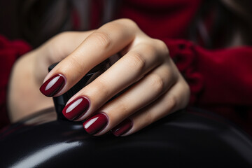 Woman hand with burgundy color nail polish on her fingernails
